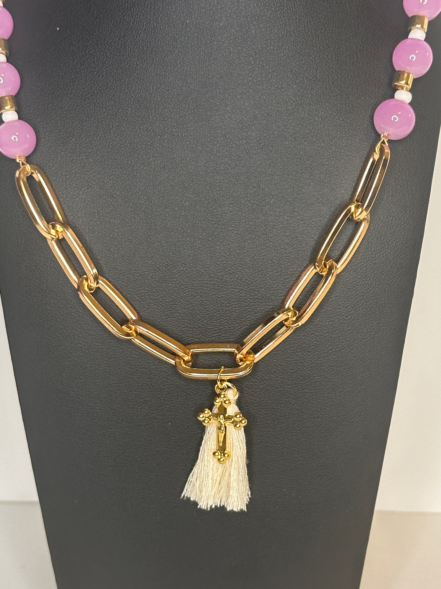 Frosty Pink Bead & Chain Tassel Necklace