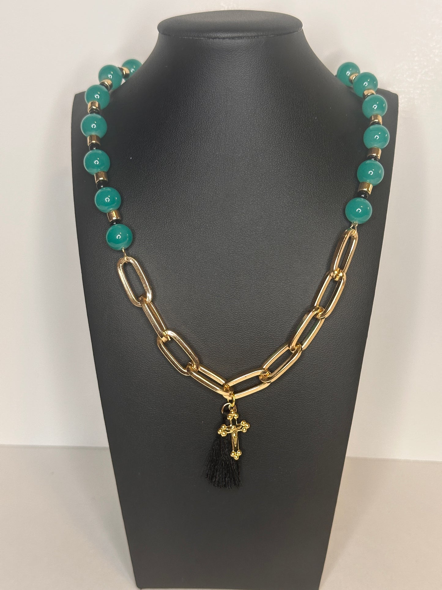 Teal Bead & Chain Tassel Necklace