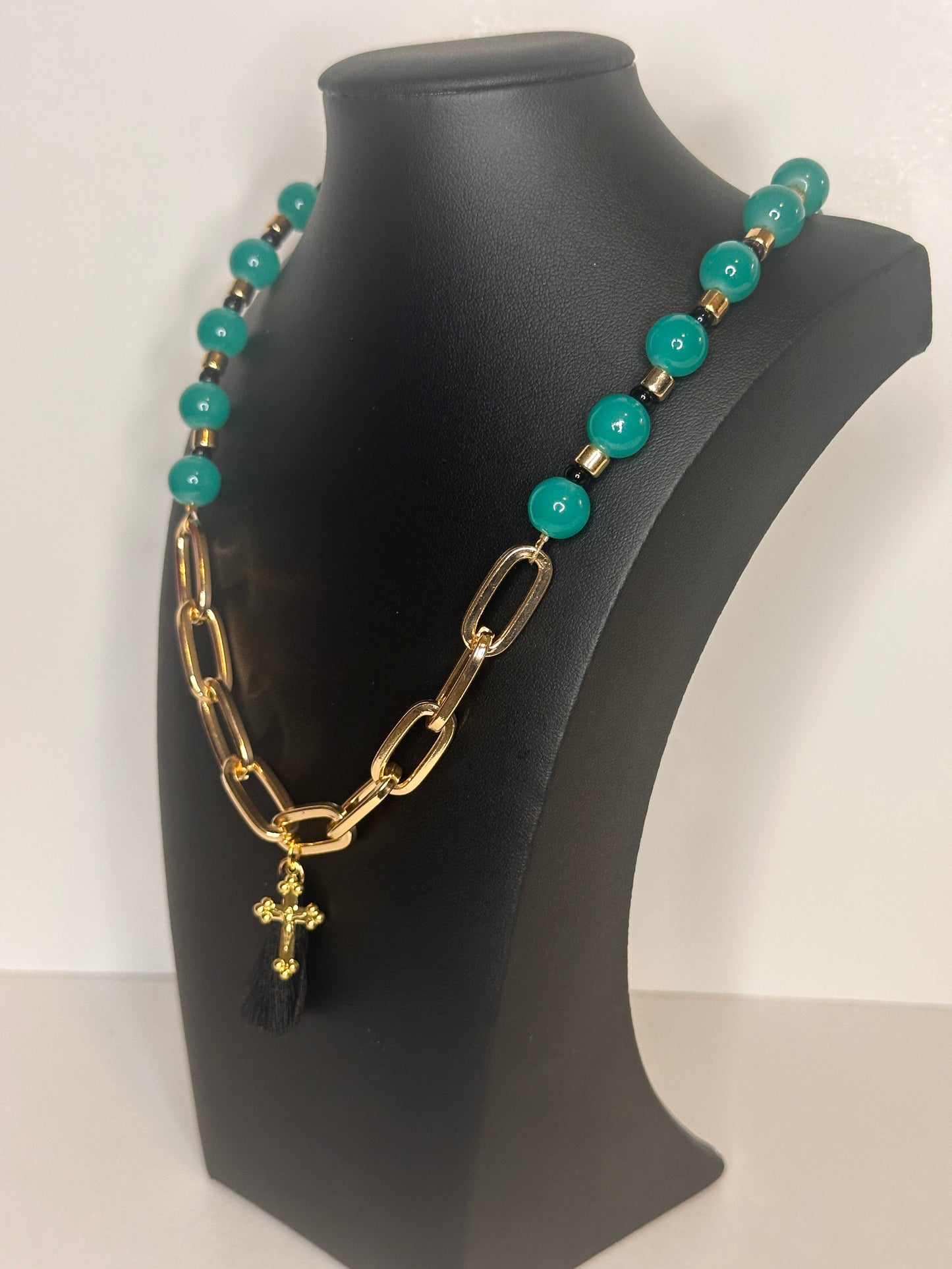 Teal Bead & Chain Tassel Necklace