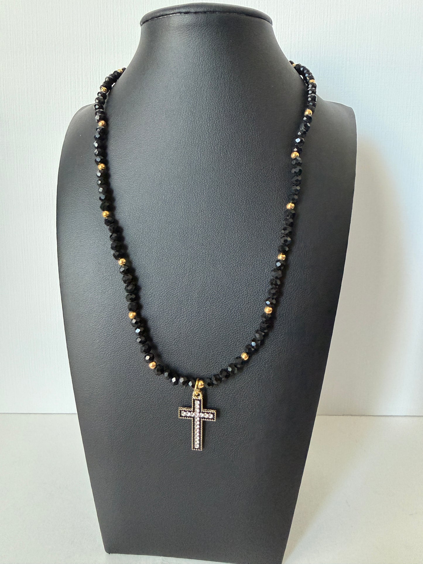 Black crystal cross necklace