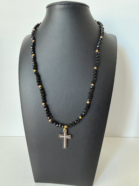 Black crystal cross necklace