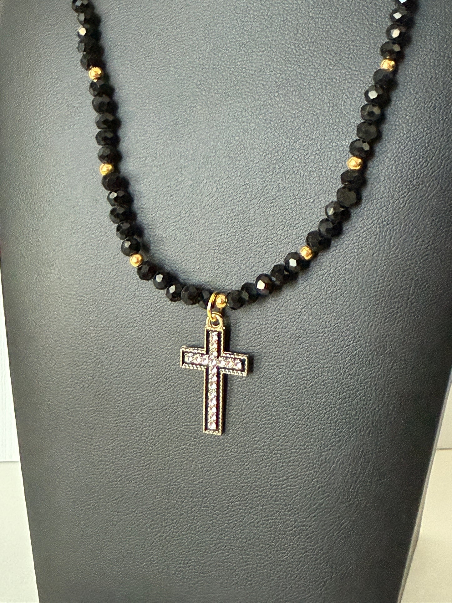 Black crystal cross necklace