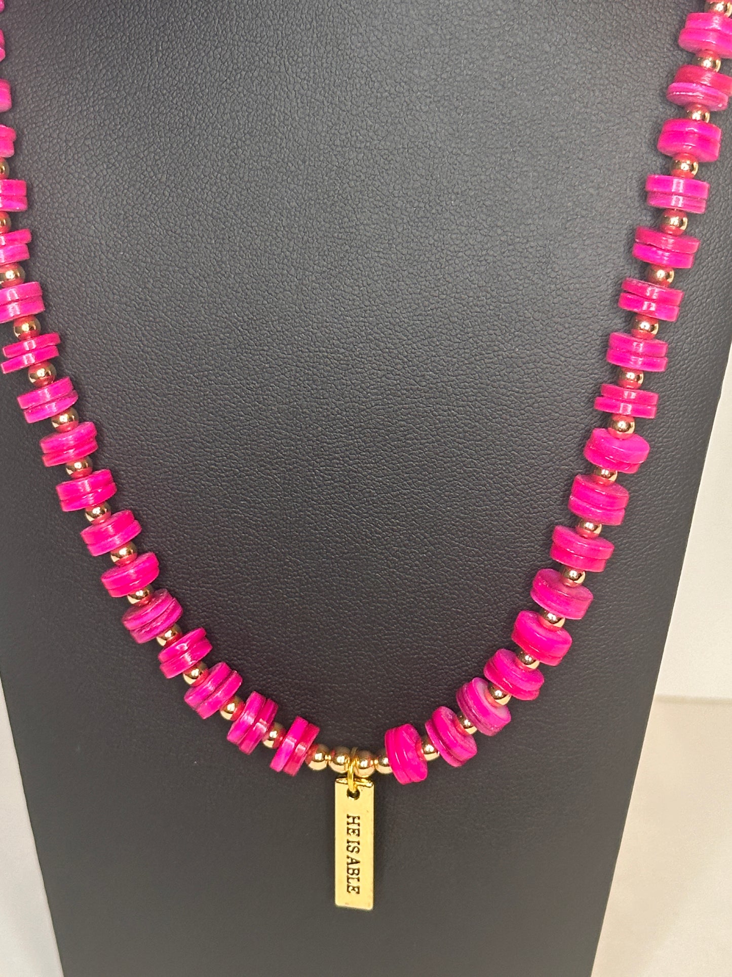 He Is Able Pink Beaded Necklace