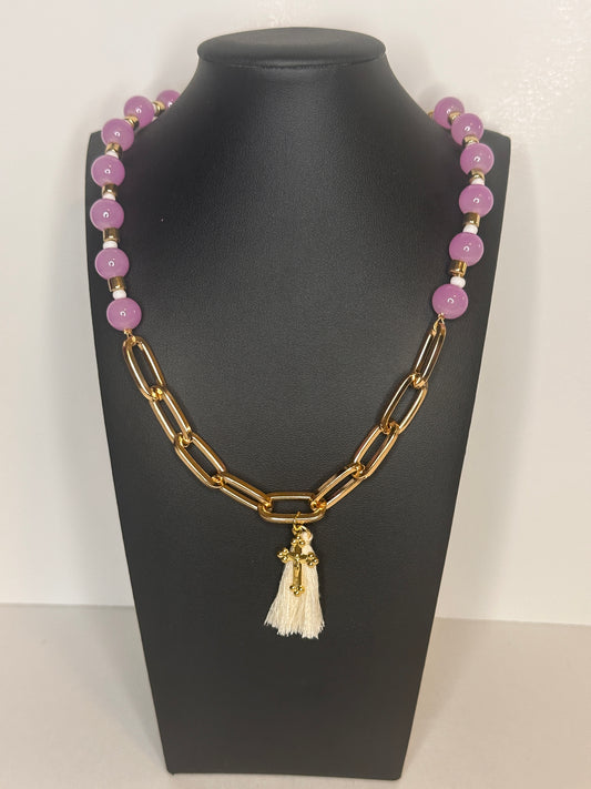 Frosty Pink Bead & Chain Tassel Necklace