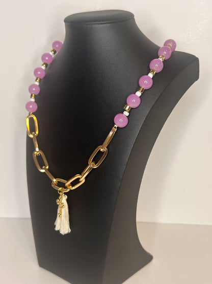 Frosty Pink Bead & Chain Tassel Necklace