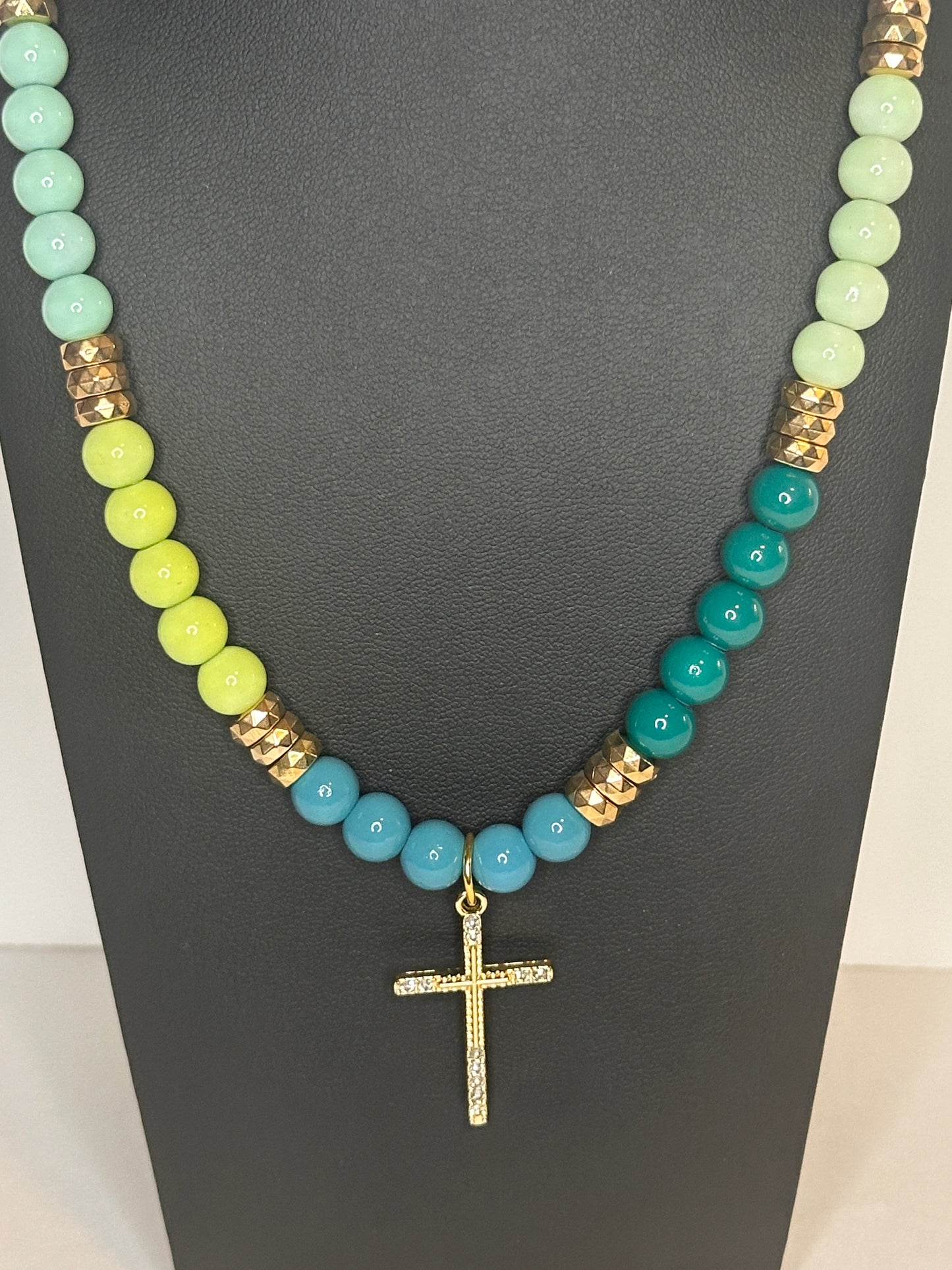 Cool Tones Cross Beaded Necklace