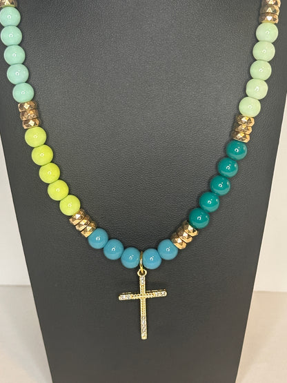 Cool Tones Cross Beaded Necklace