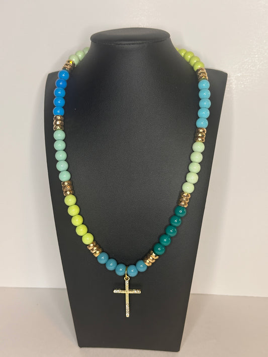 Cool Tones Cross Beaded Necklace