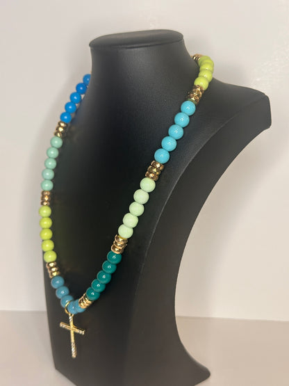 Cool Tones Cross Beaded Necklace