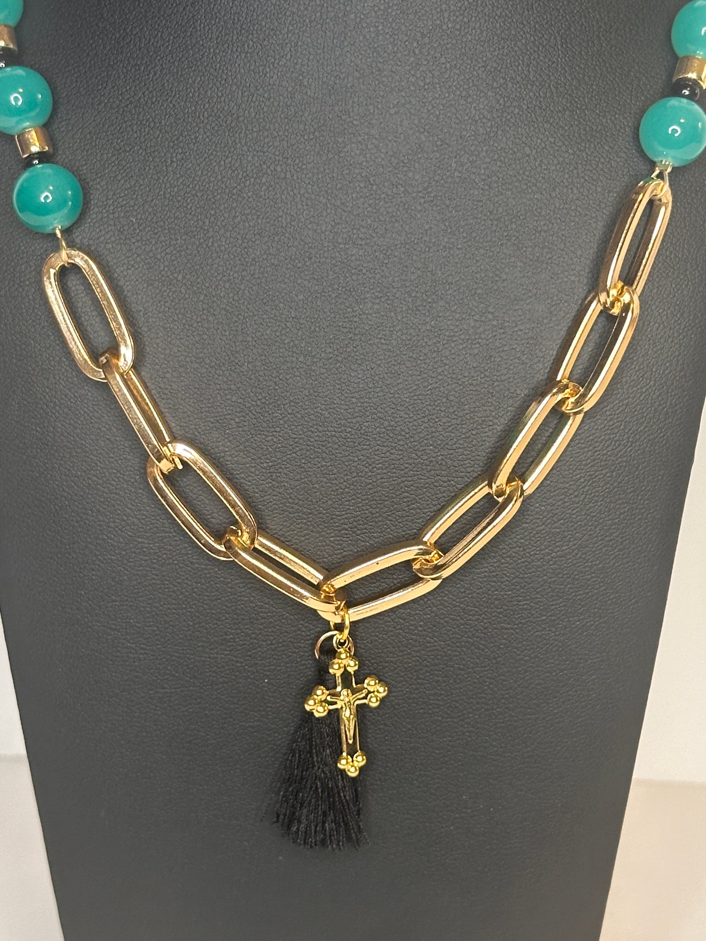Teal Bead & Chain Tassel Necklace