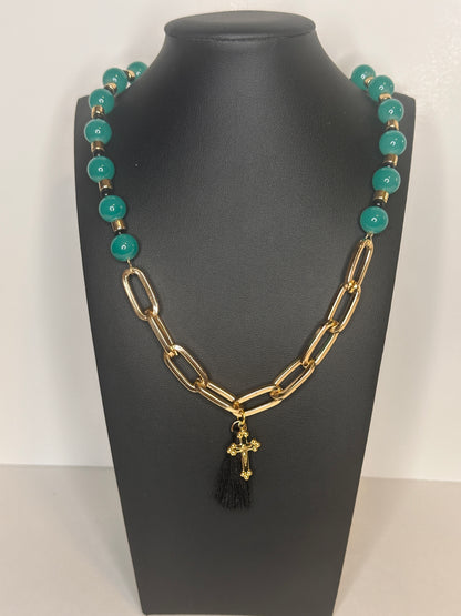Teal Bead & Chain Tassel Necklace