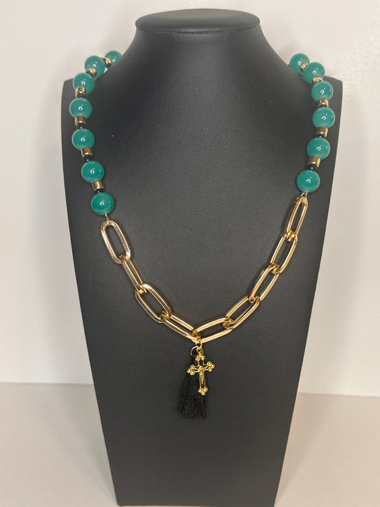 Teal Bead & Chain Tassel Necklace