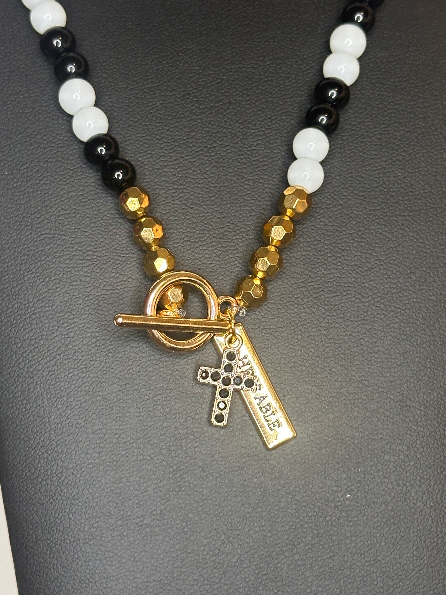Black & White Beaded Charm Necklace